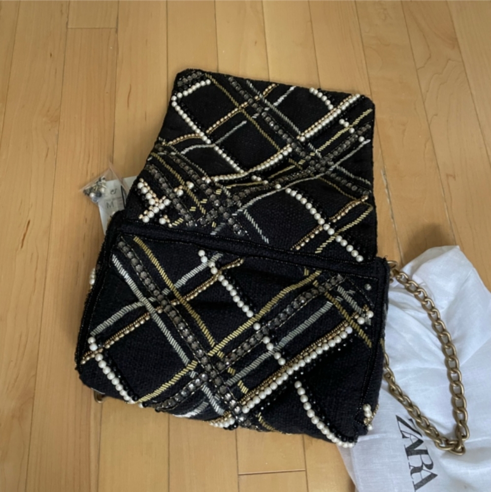 NWT Zara Embellished Evening Bag Black Gold Pearl Purse - Picture 3 of 6